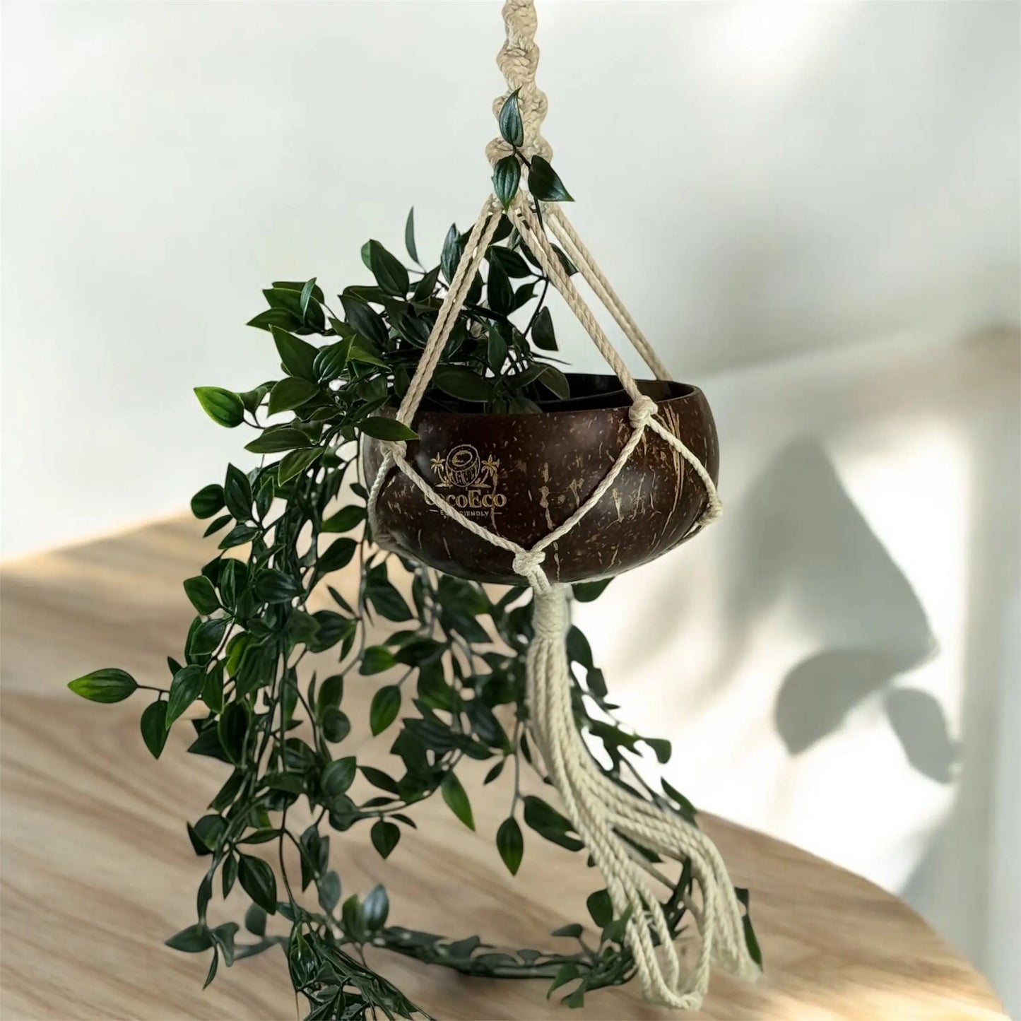 Artisanal Coconut Shell Macrame Planter with Hanger | Sustainable and Stylish Pot for Your Plants CocoEco