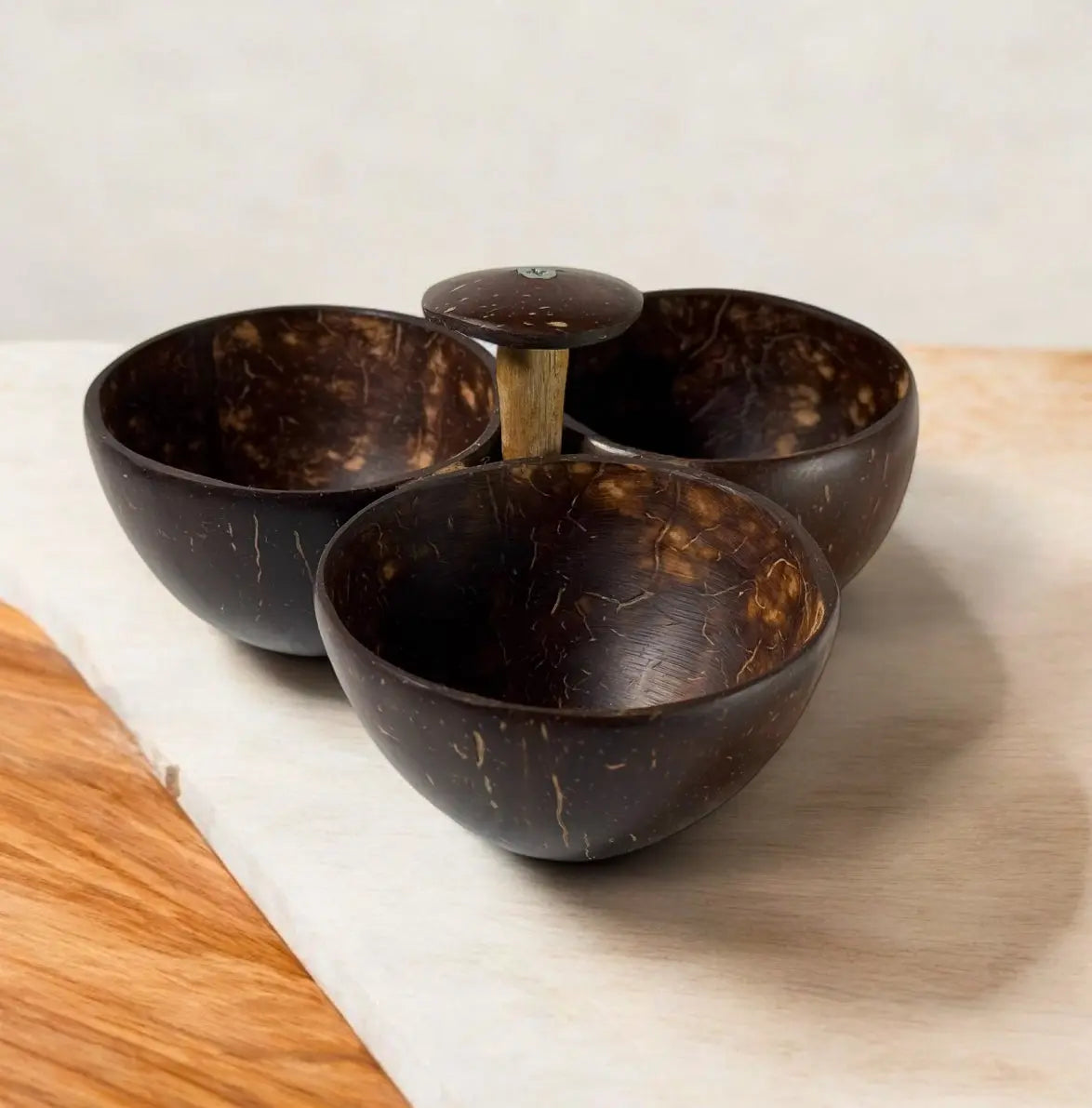 Artisanal Coconut Shell Triple Bowl Serving Set with Spoons CocoEco